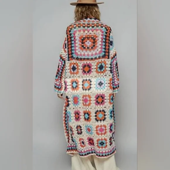 POL One Size Granny Square Duster Crochet Cardigan Knit Boho Colorful Open‎ NWOT - Picture 8 of 8